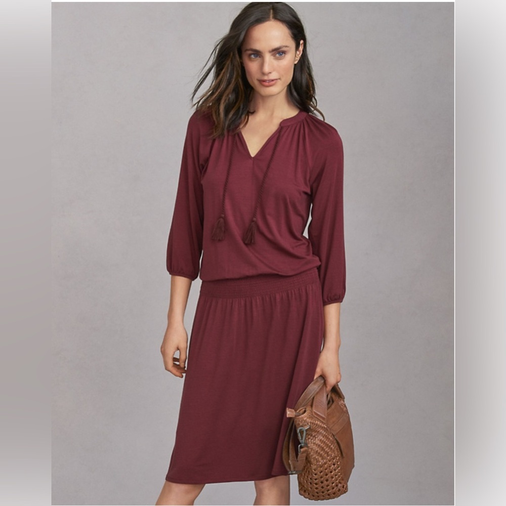 Garnet Hill Poet Tencel Smocked Waist Knit Dress in Cordovan Tassel Sz S Boho